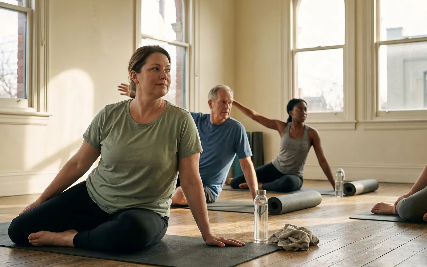 A woman pauses mid-stretch on her mat during a beginner class in a sunlit studio, with two other people stretching behind her.