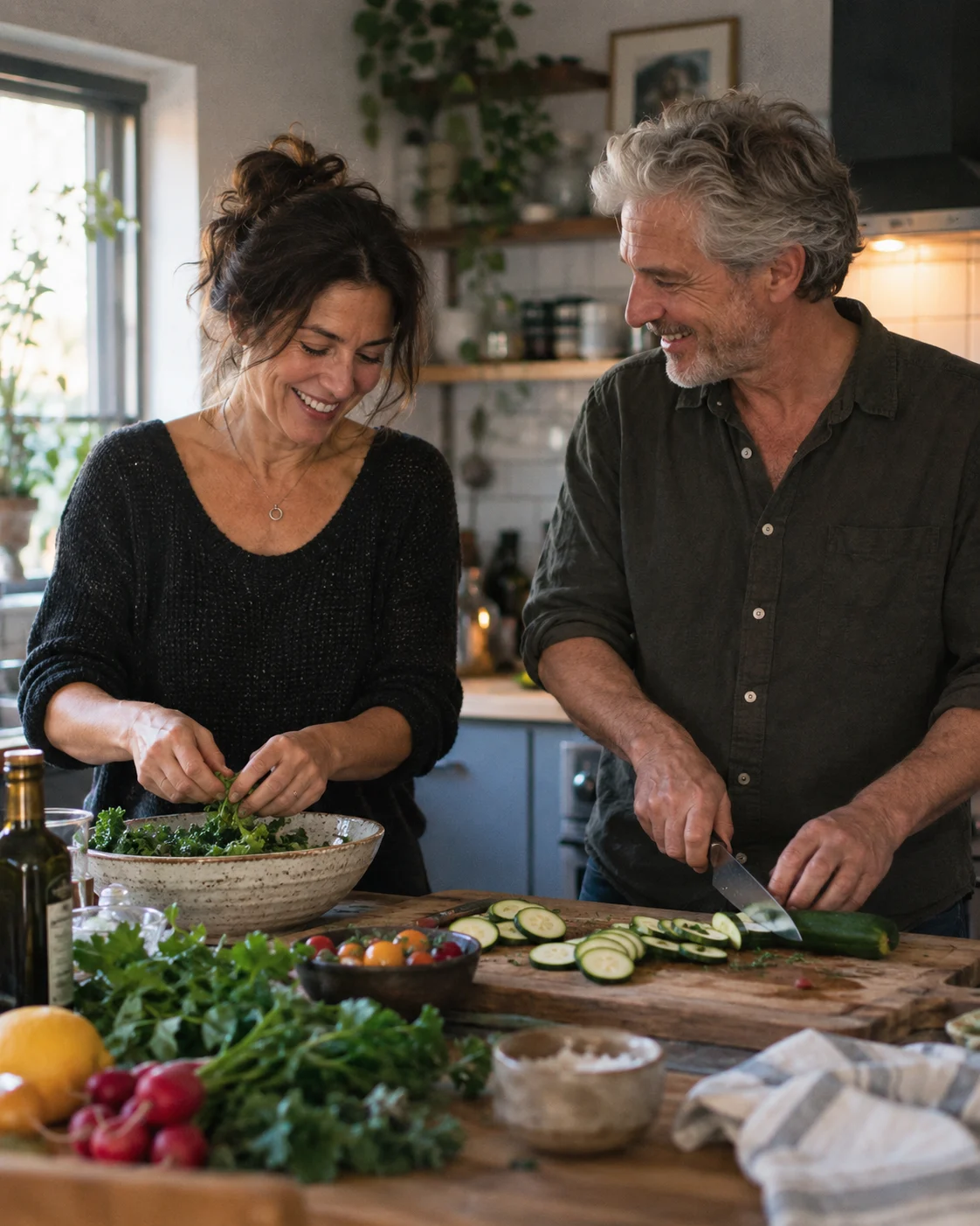 Two adults preparing lunch together in a sunlit kitchen.