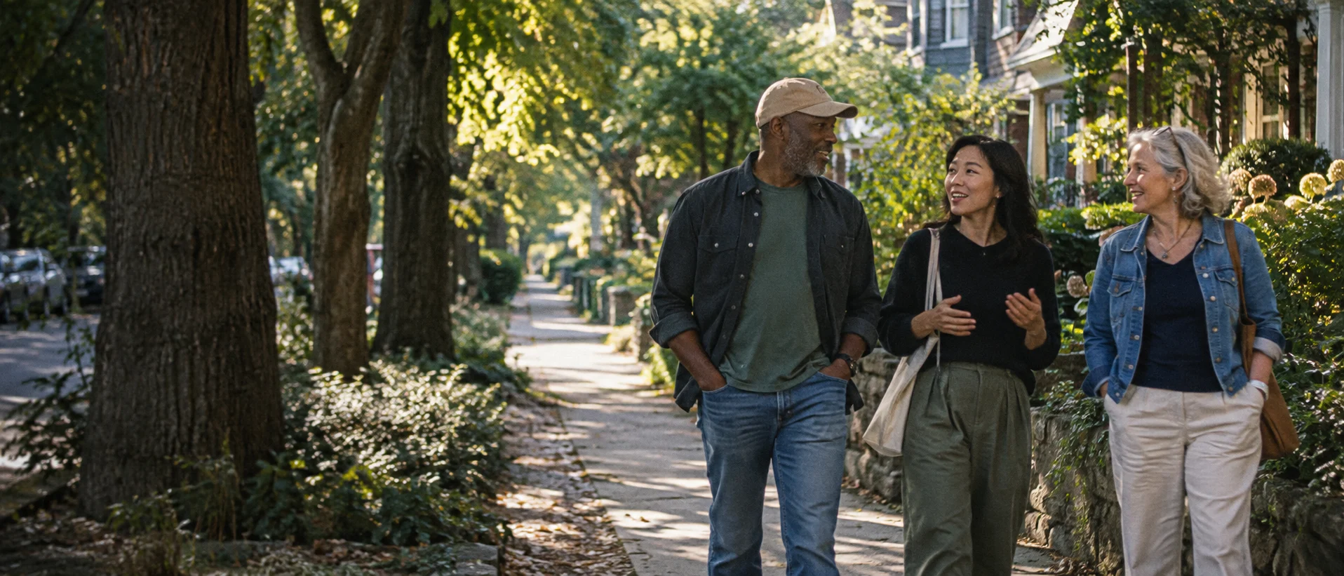 Three friends walking and talking along a leafy neighborhood street.