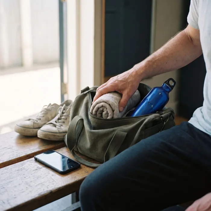 A hand packing a rolled towel into a canvas gym bag beside a blue water bottle, trainers and a phone on a wooden bench.
