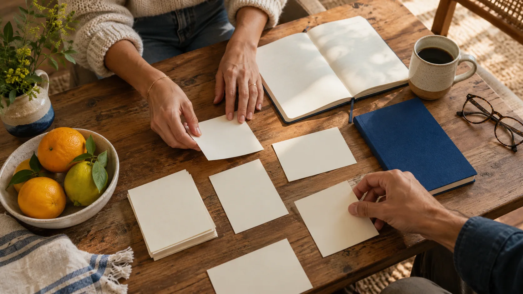 Hands arranging blank note cards on an editorial work table.