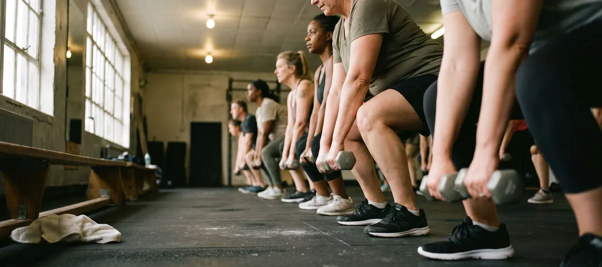 A row of people of different ages squatting with light dumbbells in a community gym class.