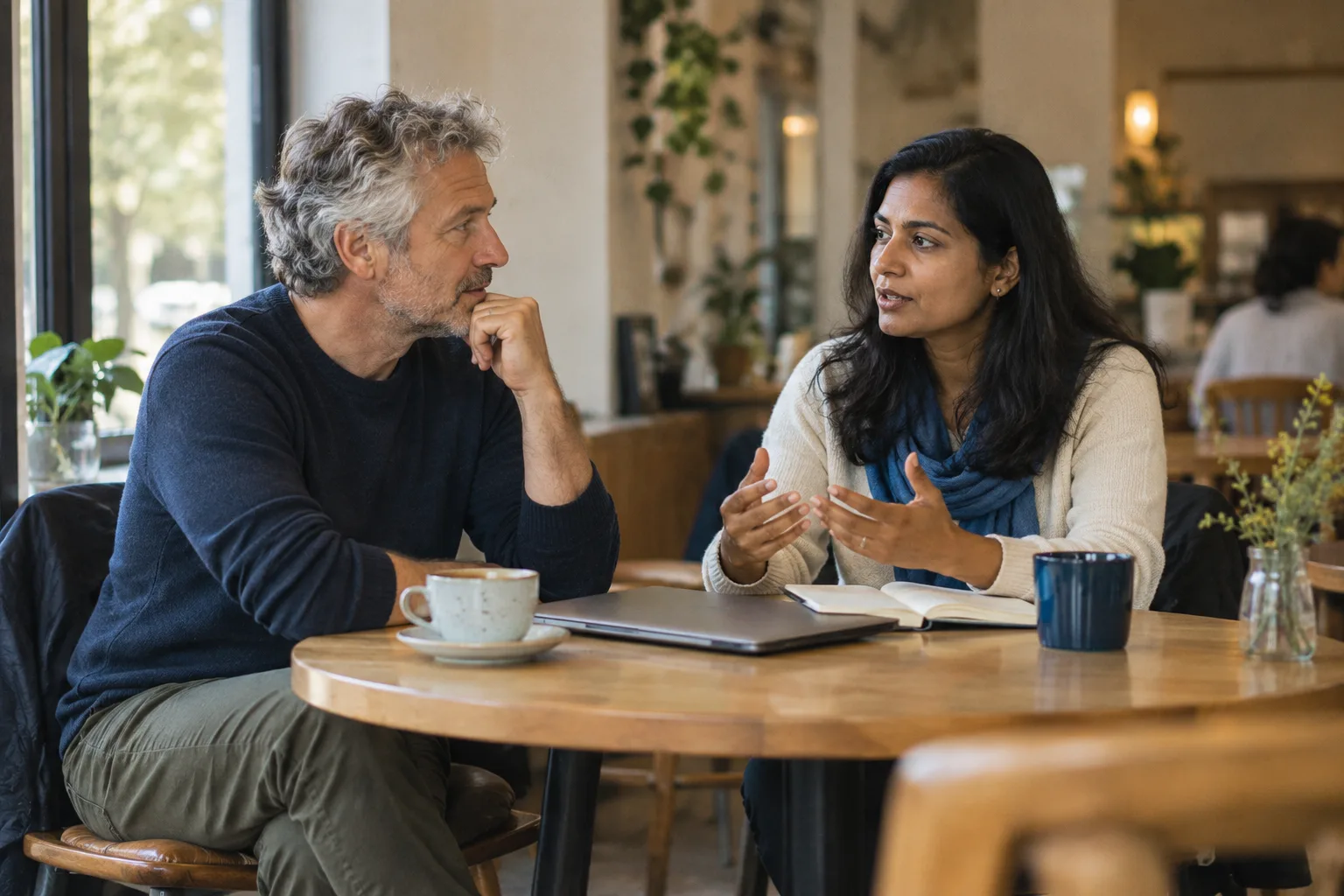 Two adults talking over a notebook at a cafe table.