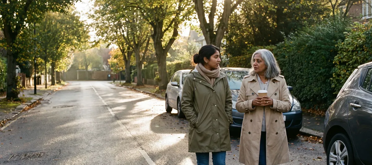 Two women talking on an early morning walk down a tree-lined street, one holding a takeaway coffee.