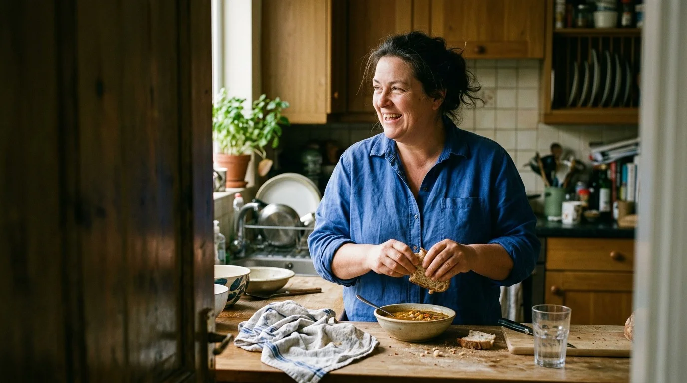 Woman laughing in a home kitchen as she tears bread over a bowl of soup.